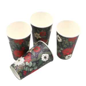 Holiday-themed paper cups with patterns.