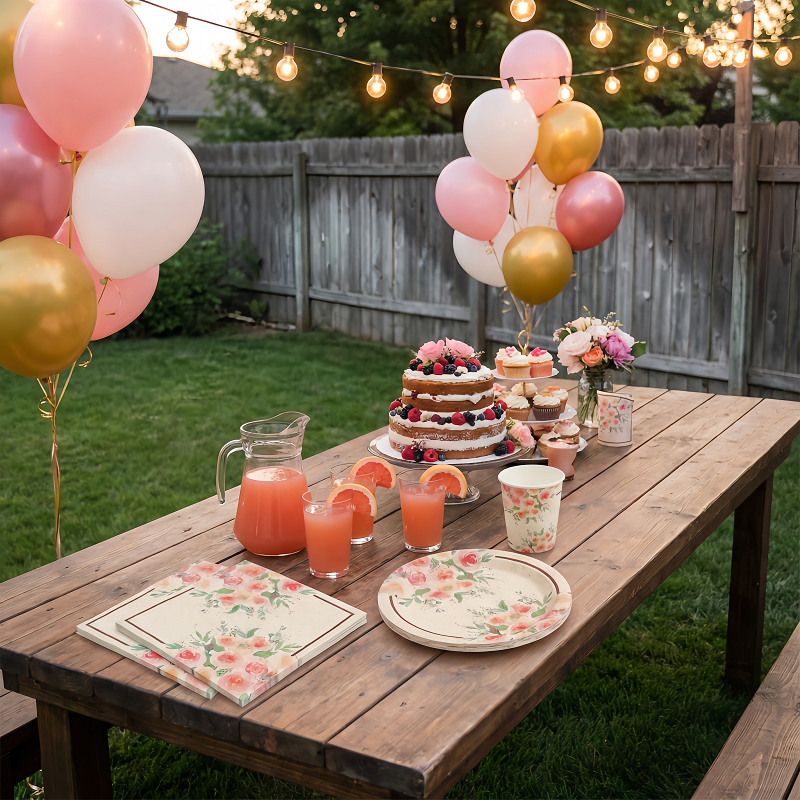 Rustic backyard birthday party table setup with floral disposable paper tableware, pink and gold balloon garlands, string lights, a layered berry cake, and citrus punch for an outdoor celebration