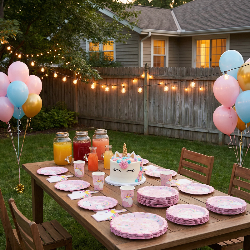 Outdoor backyard evening unicorn birthday party table setup with disposable paper plates and cups, decorated with fairy lights and colorful balloons; eco-friendly virgin wood pulp tableware compliant with EU/US environmental and food safety standards