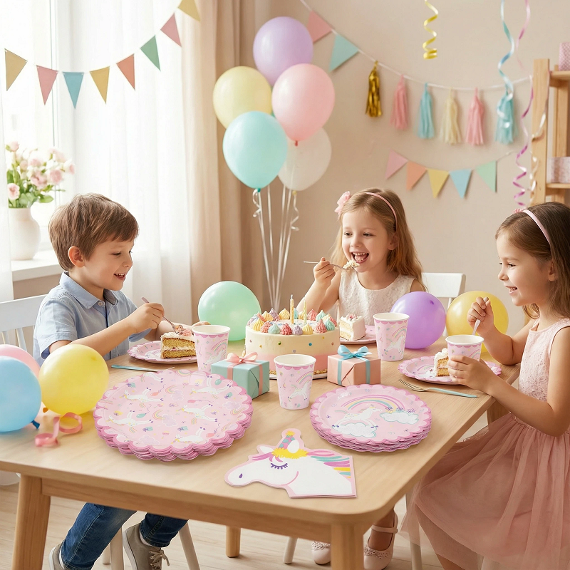 Real scene of kids celebrating a joyful birthday party with unicorn-themed disposable paper plates and cups on the table, paired with colorful balloons and bunting; eco-friendly virgin wood pulp tableware compliant with EU and US food safety standards