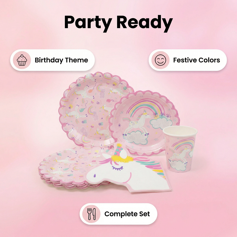 Complete set of eco-friendly disposable unicorn paper plates and cups for kids' birthday parties, featuring festive pink colors and a cute unicorn design, made from virgin wood pulp and compliant with EU/US environmental standards.