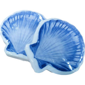 Blue seashell-shaped disposable paper plates, perfect for coastal beach parties, summer events, and mermaid or ocean-themed celebrations