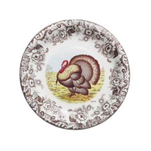 Decorative disposable paper plates with a classic turkey illustration and brown floral border, ideal for Thanksgiving dinners, harvest feasts and autumn family gatherings