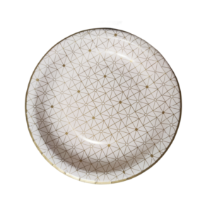 Elegant white disposable paper plate with gold geometric pattern and gold rim, premium party plate for weddings, bridal showers, and formal events