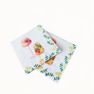 Decorative disposable paper napkins with watercolor cocktail, lemon slice, and green leaf patterns, ideal for summer gatherings, cocktail parties, and outdoor dining settings