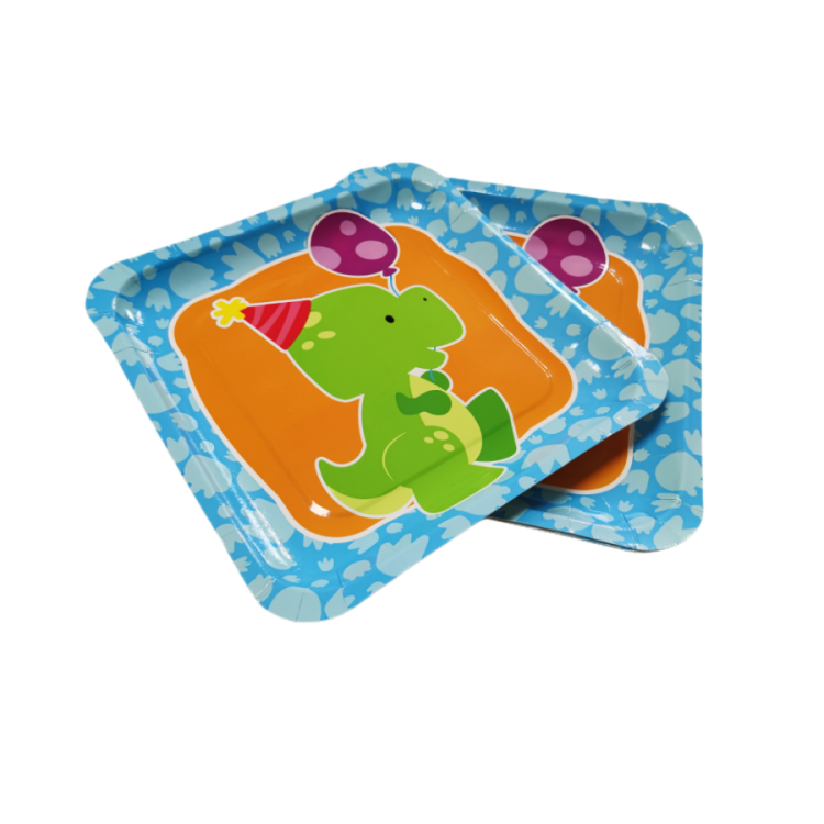Dinosaur themed square paper tray: disposable tableware for children's parties with cartoon Tyrannosaurus rex and Triceratops patterns, made of food grade safe materials, suitable for birthday parties and themed picnics
