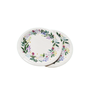 Elegant disposable paper plate with watercolor floral wreath design, greenery, purple flowers, and gold stars, perfect for bridal showers, garden parties, and wedding celebrations