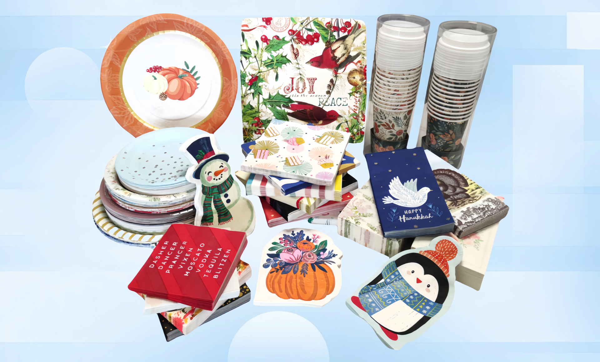 printed napkins,paper plates,paper cups