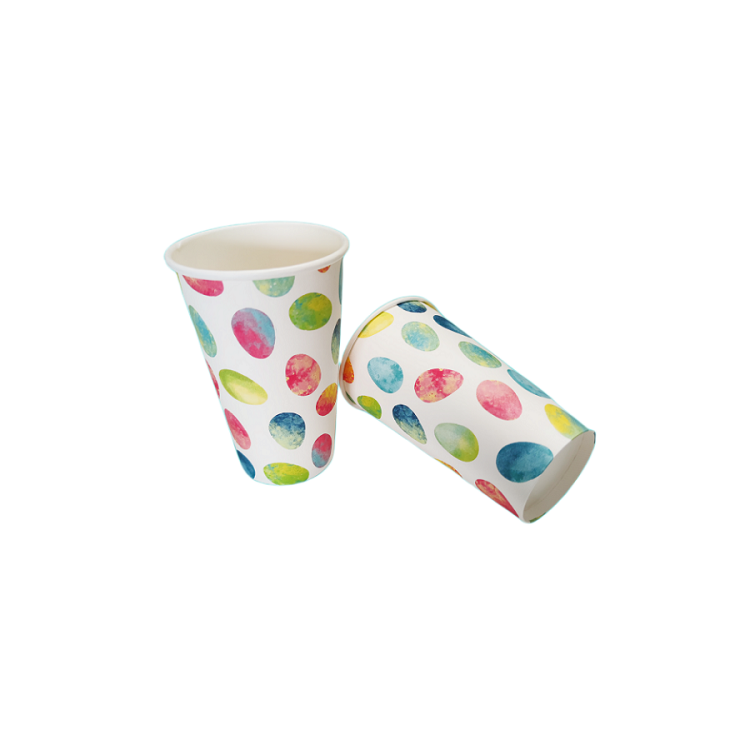 Iced beverage paper cups with and straw slots.
