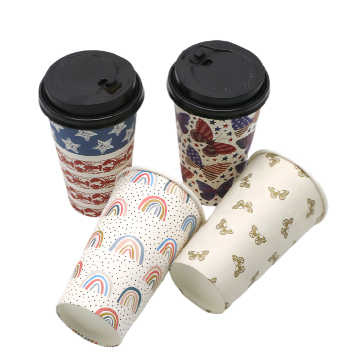 Kids’ paper cups with cartoon characters and spill-proof lids.