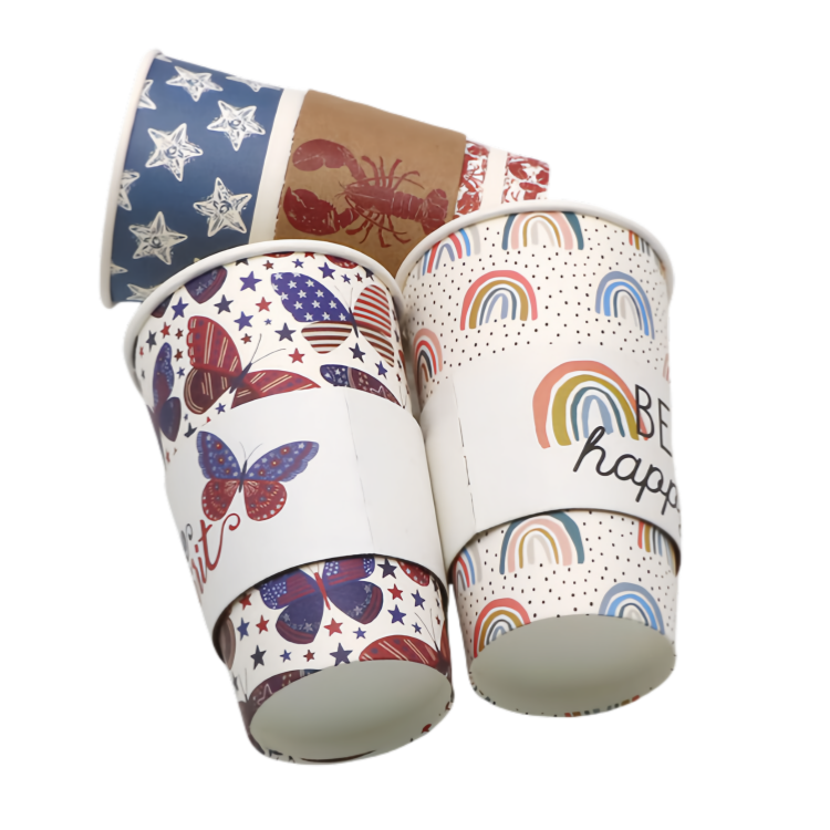paper coffee cups with heat-resistant sleeves and logo printing.