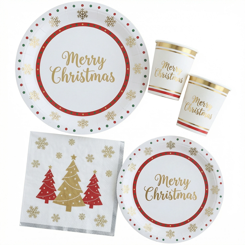 Merry Christmas Disposable Tableware Set, Gold Foil Printed Paper Plates, Cups and Napkins, Eco-Friendly Compostable Holiday Party Supplies for Christmas Dinners and Family Gatherings