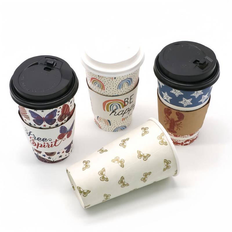 Assorted Custom Printed Disposable Paper Coffee Cups with Lids, Eco-Friendly Compostable Hot Drink Cups for Cafés, Restaurants and Events, Featuring Patriotic, Rainbow and Butterfly Designs