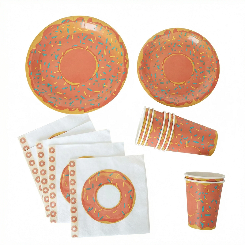 Donut Themed Disposable Tableware Set, Includes Paper Plates, Cups and Napkins, Eco-Friendly Compostable Party Supplies for Birthday Parties, Brunch and Kids' Celebrations