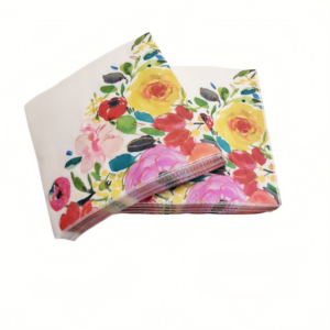 Vibrant watercolor floral disposable paper napkins with multicolor rose and peony prints, perfect for wedding receptions, bridal showers, and summer garden parties