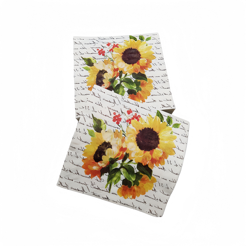 Watercolor sunflower print disposable paper napkins with vintage handwritten script background, ideal for summer garden parties, farm-themed events, and decoupage crafts