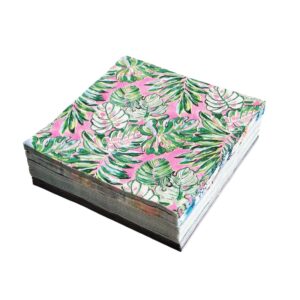 Vibrant watercolor tropical palm leaf print disposable paper napkins with pink background, ideal for luau parties, beach weddings, and summer outdoor gatherings
