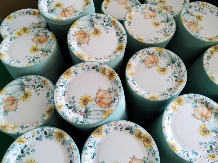 Custom printed harvest-themed paper plates with sunflower and pumpkin designs, ideal for fall parties, Thanksgiving, and seasonal events. Food-safe and disposable.