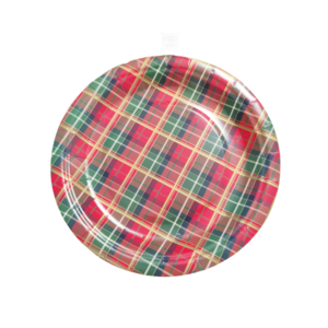 Retro-style disposable paper plates with classic red-green plaid design, perfect for autumn gatherings, winter celebrations, and cozy table settings