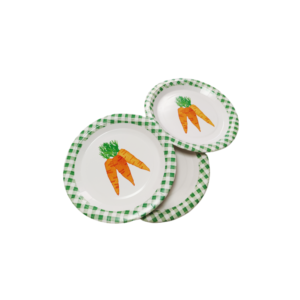 Decorative disposable paper plates with watercolor carrot and green gingham check design, ideal for Easter egg hunts, farm-themed parties, and spring celebrations