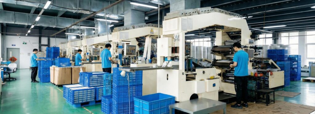 Automated production line in a modern paper tableware factory, showing skilled workers operating advanced printing machines for custom paper napkins, plates, and cups, highlighting OEM/ODM capabilities.
