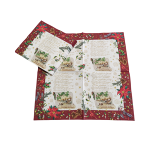 Perfect for holiday dinners and festive gatherings, our traditional red Christmas disposable napkins showcase a winter village, gold script, and poinsettia design. Bulk wholesale options available for event planners and families.