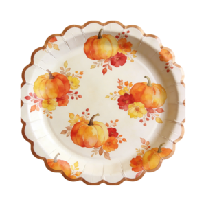 Elegant disposable paper plate with scalloped edge, featuring watercolor pumpkins and autumn floral blooms in warm orange, yellow, and red hues, perfect for Thanksgiving dinners, fall weddings, and harvest celebrations